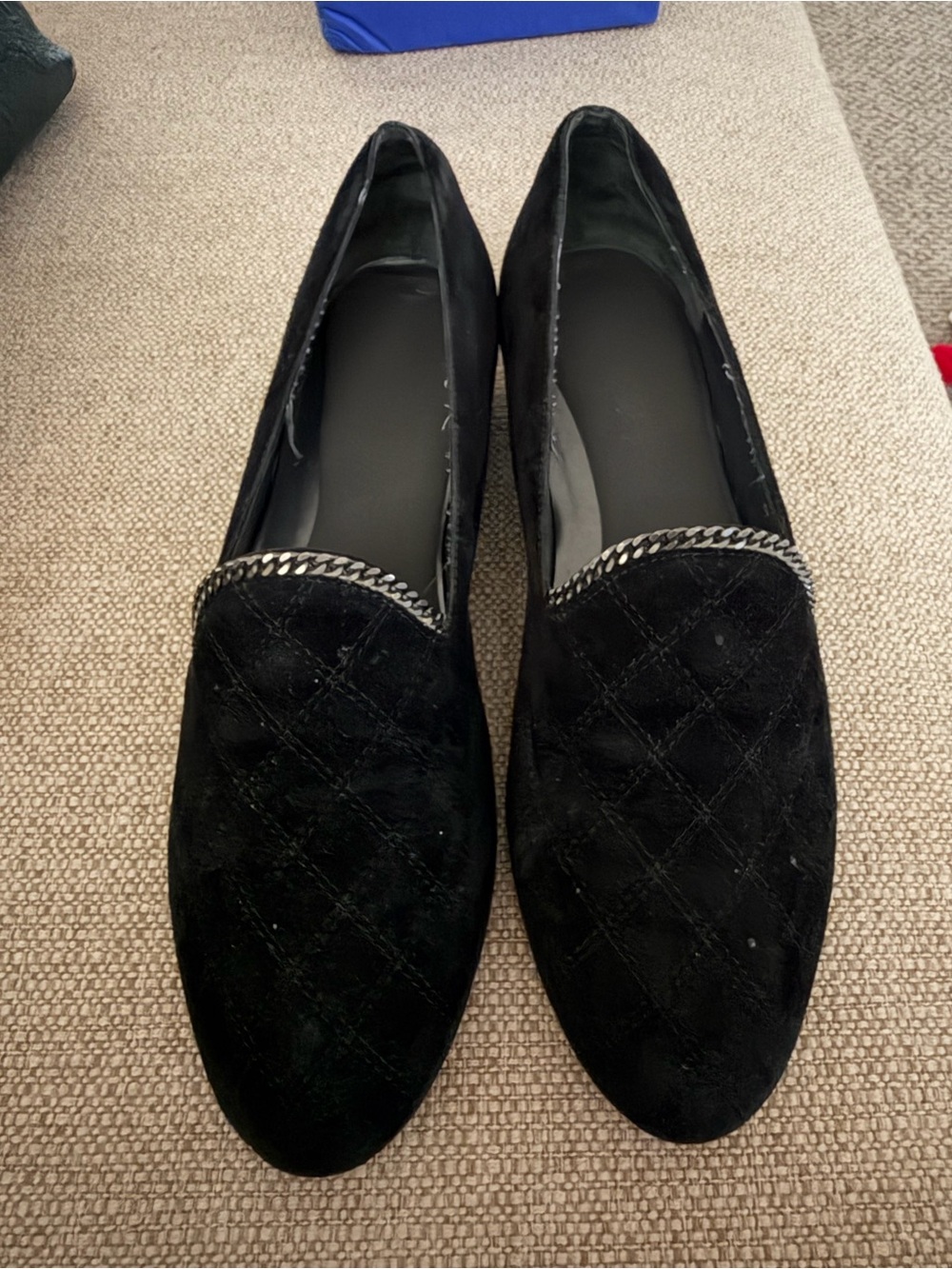 Stuart Weitzman Black Quilted Suede Loafers with Chain Trim - Picture 3 of 3